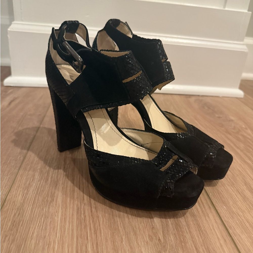 Calvin Klein Black Snake Print Platform Heel with Buckle